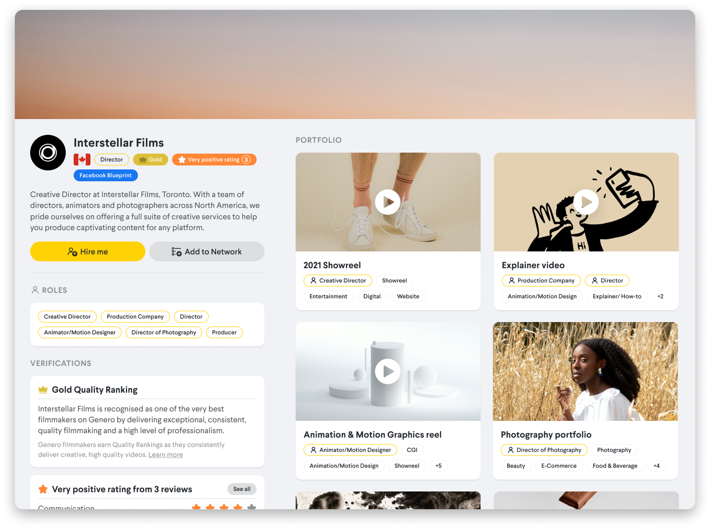 Screenshot of a creative agency profile featuring Interstellar Films, showcasing roles, director achievements, and a portfolio with videos on the Genero digital platform.