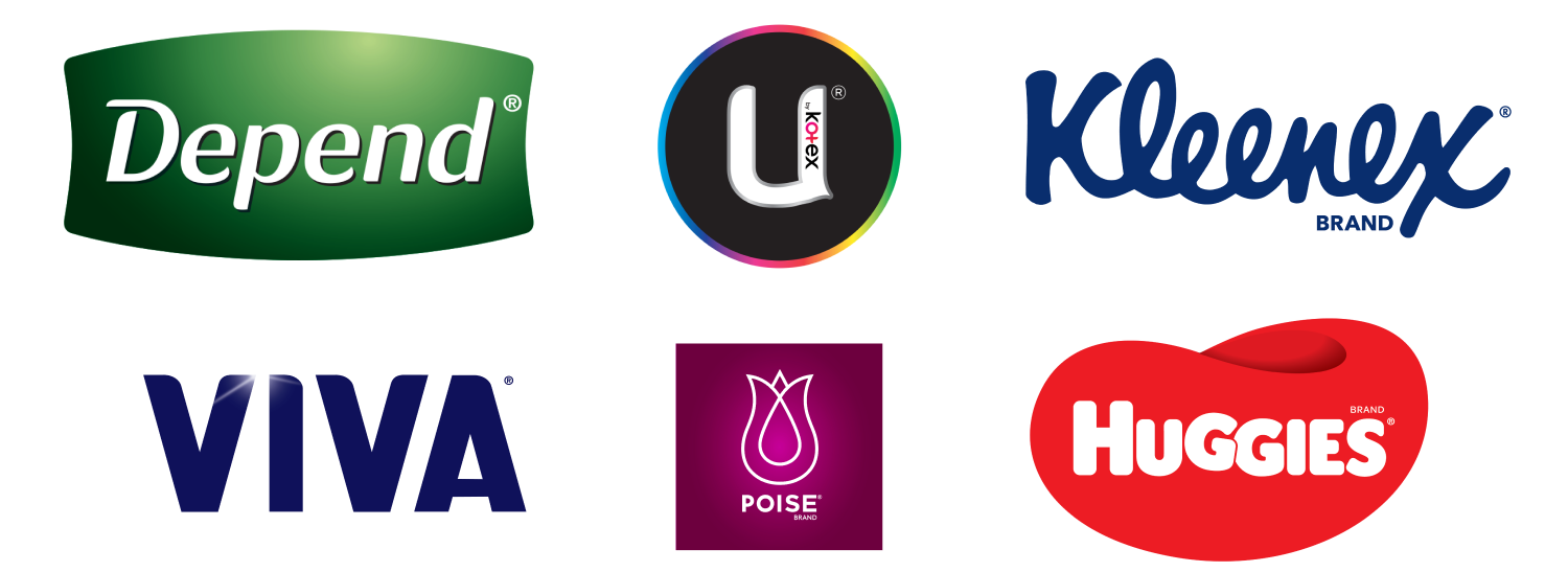 Logos of popular brands including Depend, U by Kotex, Kleenex, Viva, Poise, and Huggies.